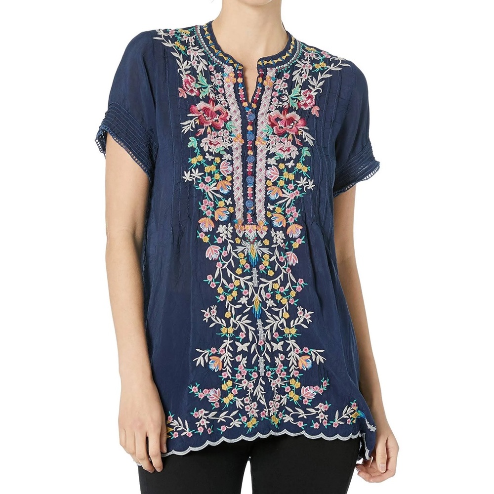Johnny Was Navy Embroidered Floral Tunic Top